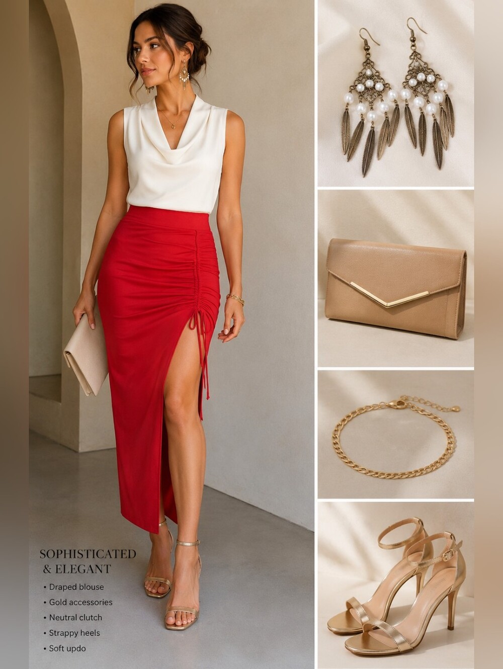 Red Ruched High Slit Midi Skirt | Elegant Date Night Asymmetric Skirt